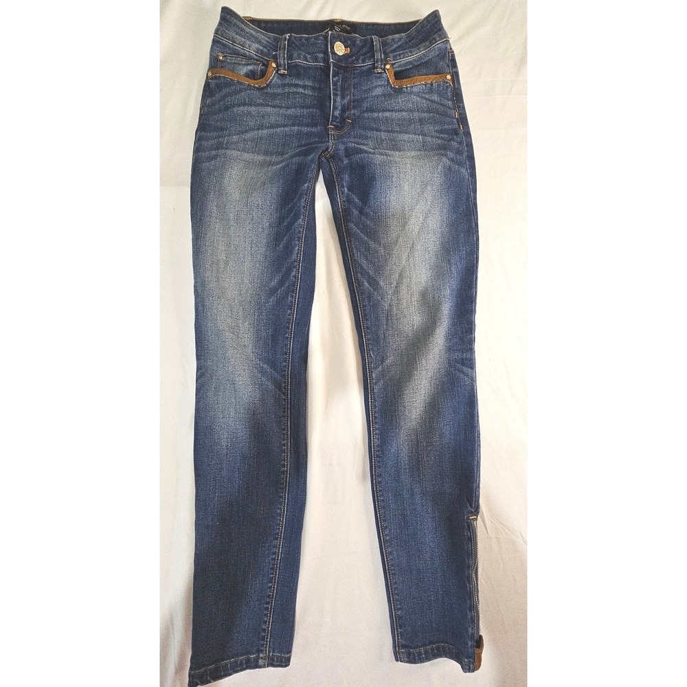 White House Black Market Skimmer Jeans Womens 2 Dark Wash Ankle Zip Leather Trim